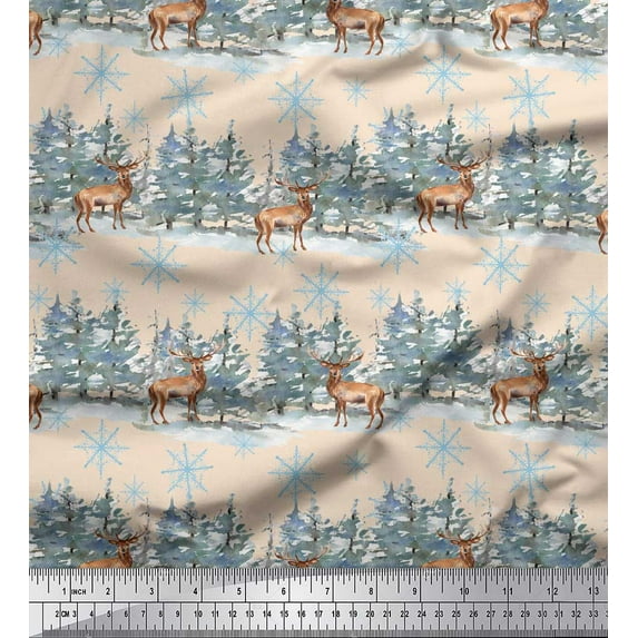 Soimoi White Rayon Crepe Fabric Reindeer & Snowflakes Tree Printed Fabric 1 Yard 46 Inch Wide