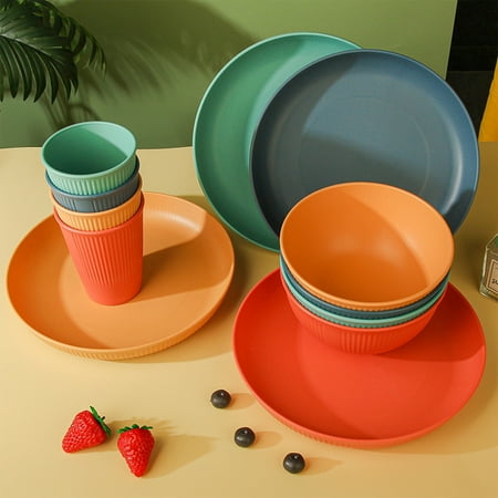 

2024 New Kitchen Utensils & Gadgets Clearance Straw Vertical Grain Plastic Bowls and Cups Tableware Household Kitchen Rice Bowl Dinner Dish Water Cup Plastic Tableware Set