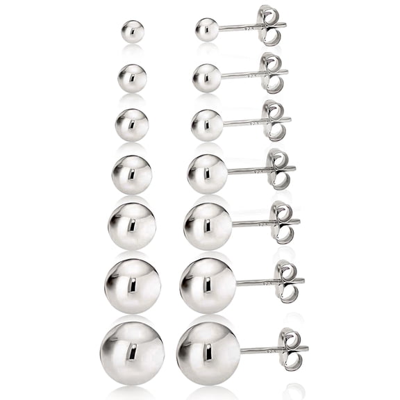 Kezef Women's 925 Sterling Silver High Polish Smooth Round Ball Stud Earring 7-Size Set - 2mm to 8mm