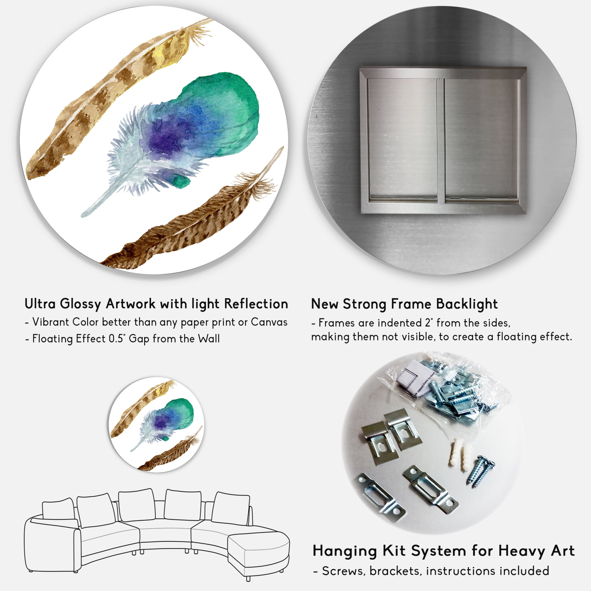 Designart 'Abstract Bird Feather From Wing Isolated' Bohemian & Eclectic Circle Metal Wall Art 36x36 - Disc of 36
