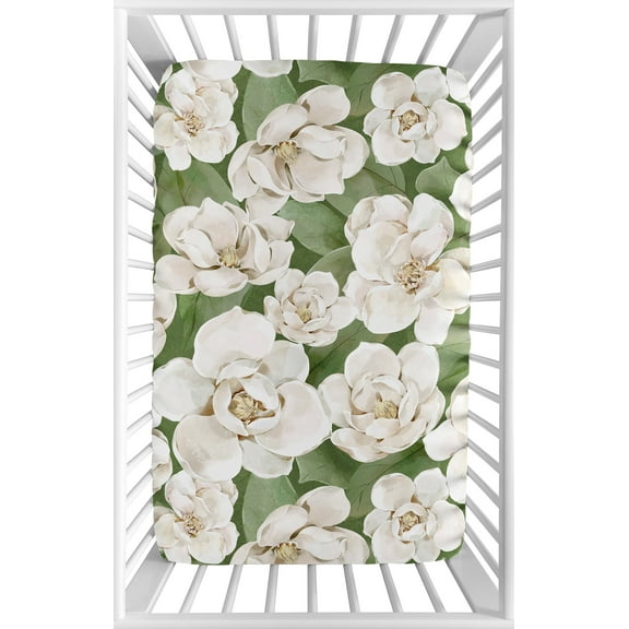 Sweet Jojo Designs Watercolor Magnolia Green and Off White Mini Fitted Crib Sheet