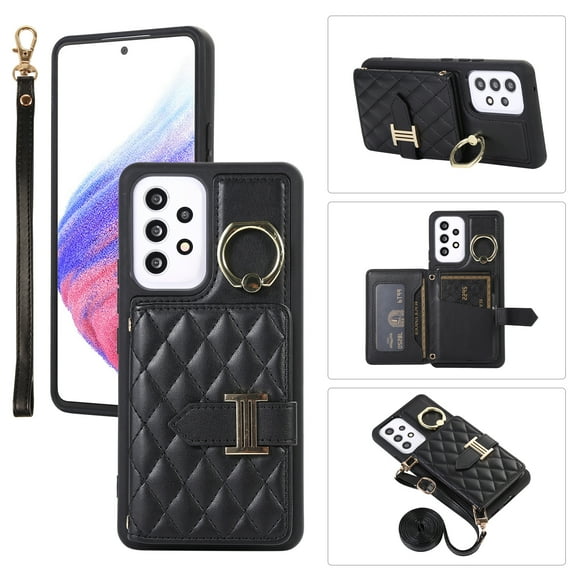 for Samsung Galaxy A52 4G/5G Detachable Shoulder Strap Wallet Case, with Card Slots & 360-degree Rotation Stand Ring Flip Premium PU Leather Protective Cover Lanyard for Women Girls, Black