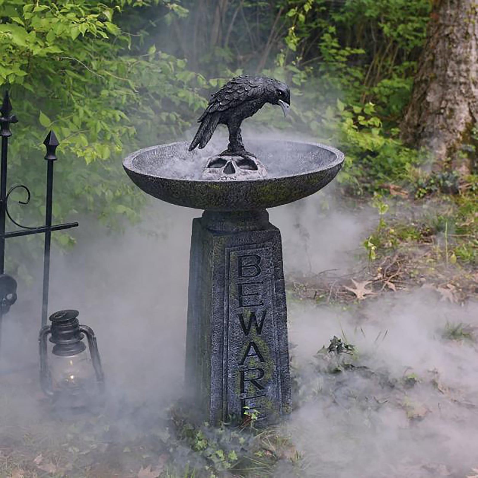 Beautynvta Halloween Ravens On Skull Bird Bath, Crow Skeleton Resin Halloween Ornament, Hummingbird Feeder Statue for Haunted Garden or Graveyard Scene, 4.5" x 4.2" x 9.7", Black