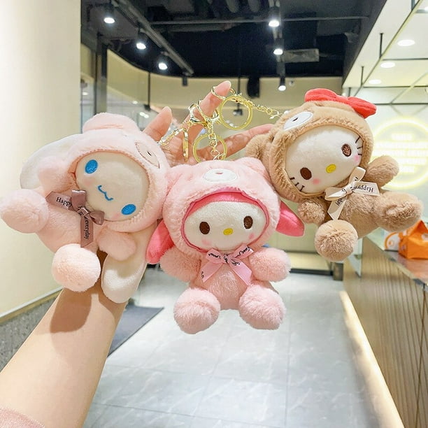 Porte-clés peluche kawaii Sanrio Hello Kitty 12cm, jouets My Melody  cannelle Drag Bear, poupée douce en peluche, pendentif, cadeau de noël pour