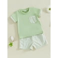thumbnail image 5 of Baby Toddler Boy Shorts Clothing Set 6 12 18 24 Months 2T 3T Round Neck Short Sleeve T-shirt Striped Elastic Waist Shorts 2 Pcs Summer Outfit, 5 of 9