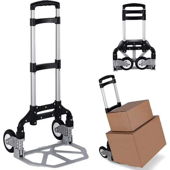 Folding Hand Truck Portable Foldable Dolly Cart Aluminum Luggage Cart Trolley Cart Black MAX Load 180 lbs, with Black Bungee Cord, Telescoping Handle,Solid Aluminium Wheel suspensions,