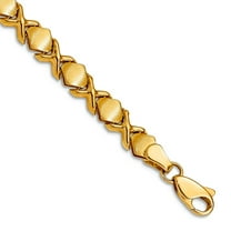 14k Yellow Gold Satin Hollow Polished Fancy Bracelet 7 Inch Lobster Claw 5mm Wide Link Bracelet for Women