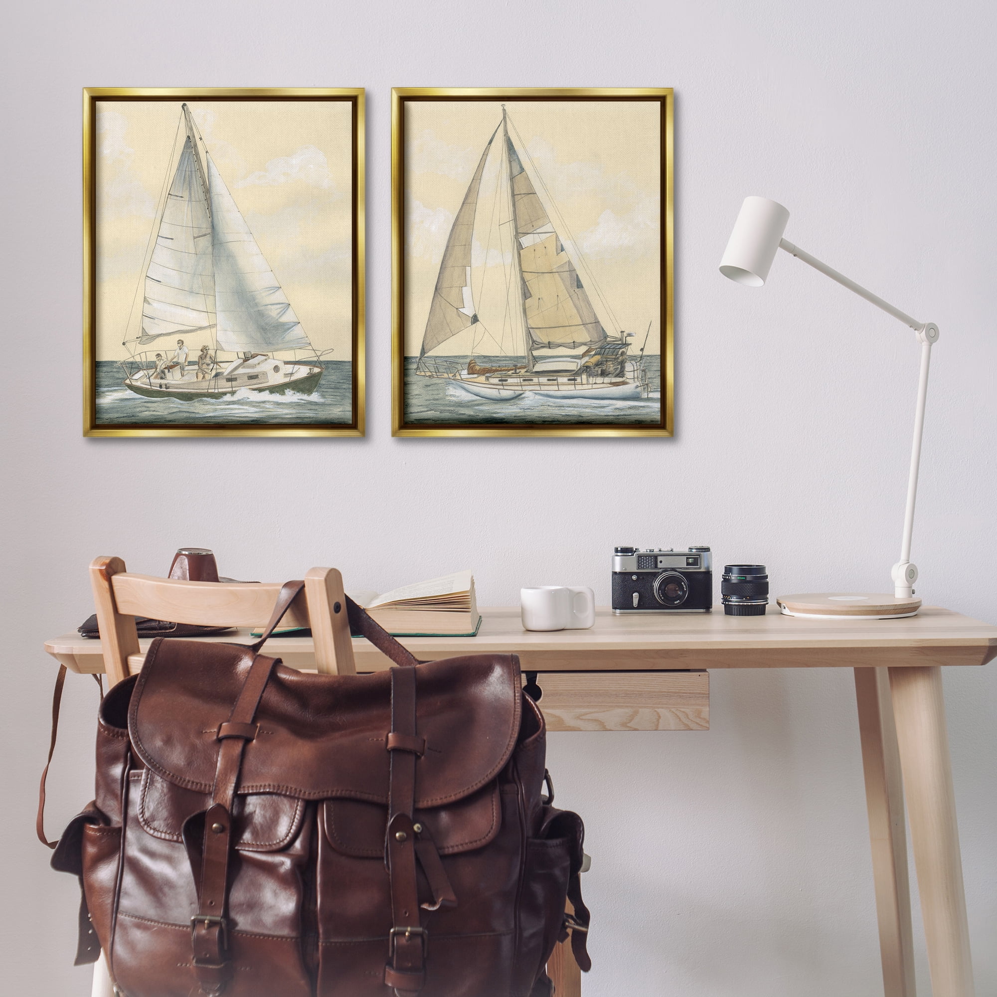 Stupell Industries Sailboat Crew At Sea People Painting Gold Floater Framed Canvas Art Print Wall Art, 31 x 25, Set of 2