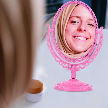 Luxshiny Double Sided Pink Makeup Mirror with 2X Magnification and 360 Degree Rotation for Vanity Use