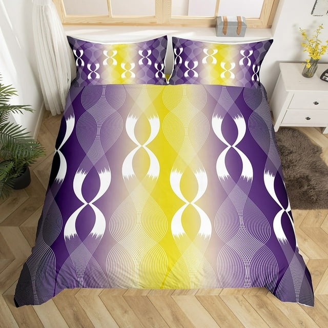 Erosebridal Housse de Couette à Rayures Géométriques 3D Simple, Literie Art Abstrait Moderne Taille Simple, Housse de Couette Dégradé Jaune Violet Simple, Microfibre Décorative pour la Chambre Réversible, 2 Pcs (Sans Couette)