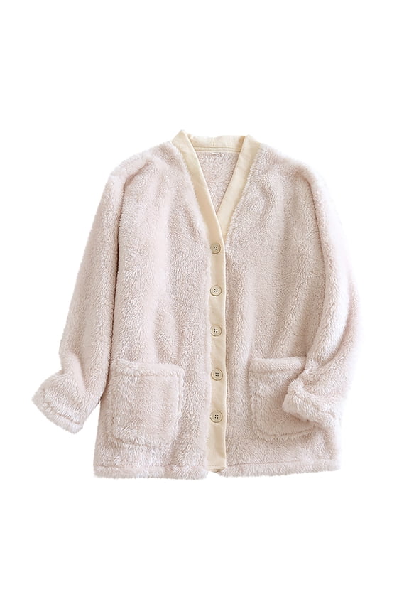 Women's Fleece Bed Jacket - Stylish Notched Collar, Long Sleeves, Front Pockets, Button Front, Sleepwear, Machine Washable