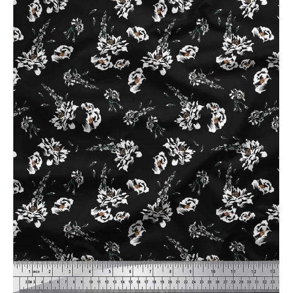 Soimoi Gray Cotton Duck Fabric Leaves & Floral Print Fabric by The Yard 56 Inch Wide