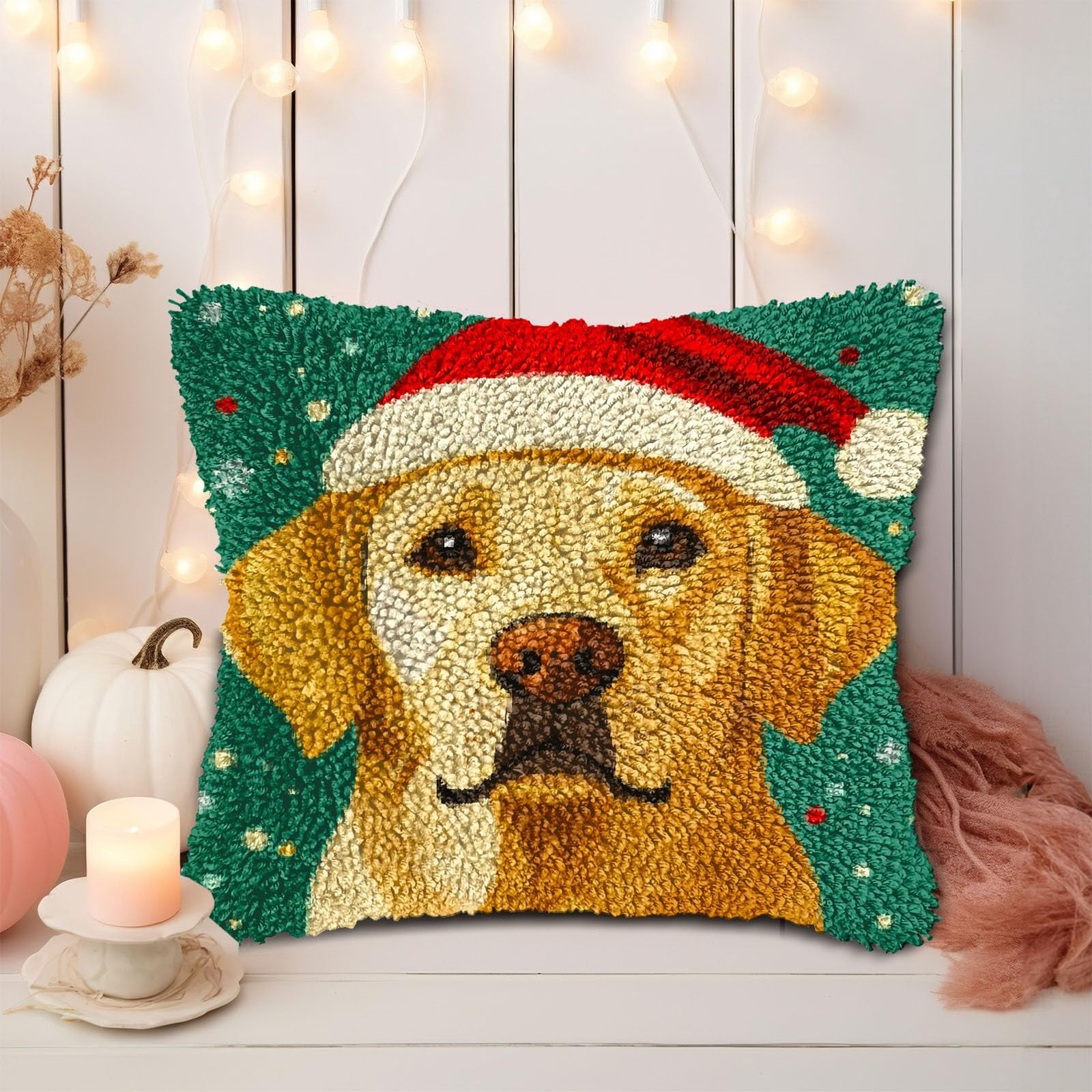 Latch Hook Pillow Kits for Adults Merry Christmas Labrador Dog DIY Pillow Cover Printed Pillowcase Crochet Yarns Hooking Handmade Cushion for Home Sofa Decoration 17x17inch(12)