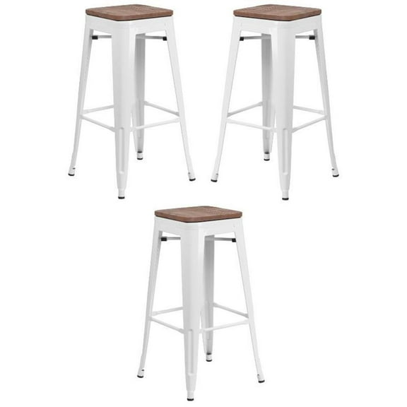 Home Square 30" Backless Metal Bar Stool in White and Wood Grain - Set of 3