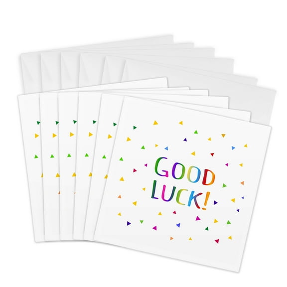 3dRose, Good Luck colorful rainbow text bright multicolored triangle confetti, 6 Greeting Cards with envelopes