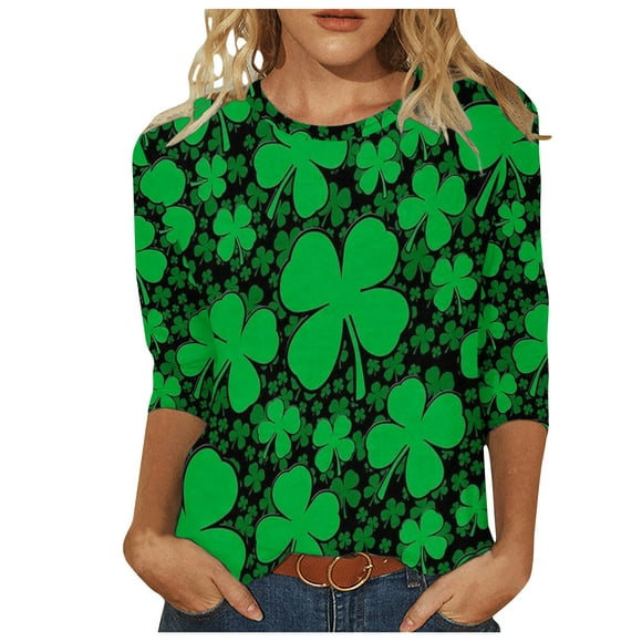 lcziwo St Patricks Day Shirt Women 3/4 Sleeve Plus,Women's St Patricks Day Tee Shirt Irish St. Patrick's Day Shirts Shamrock Clover Printed 3/4 Length Sleeve Womens Tops,S-5XL XXL