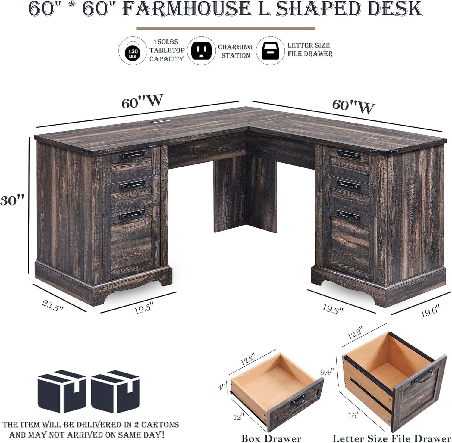 OKD 60" Farmhouse L Shaped Executive Desk with Storage Drawers, Wood Home Office Desk with File Cabinet & Charging Station, Dark Rustic Oak