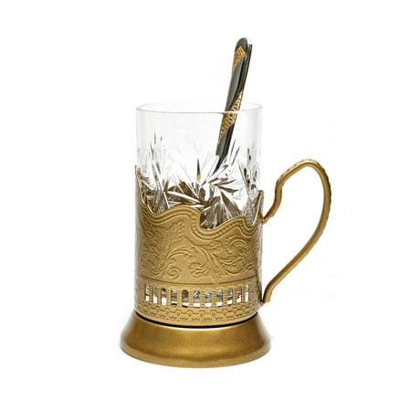 - GOLD Set of 1 Russian Vintage Crystal Tea Glass & Handmade Holder Podstakannik