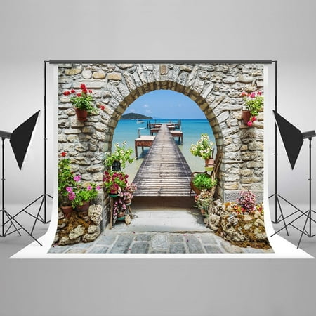 Image of HelloDecor 7x5ft Summer Photography Backdrops Wood Bridge Blue Beach Photo Background Stone Arch Backdrops for Photographers