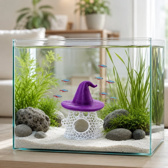 Floating Ghost Aquarium Hideout, Halloween Witch Hat Fish Tank Shelter Ornament, Hollow Mesh Breeding Cave for Betta Shrimp Small Fish, Safe Adjustable Decor for Halloween Tank