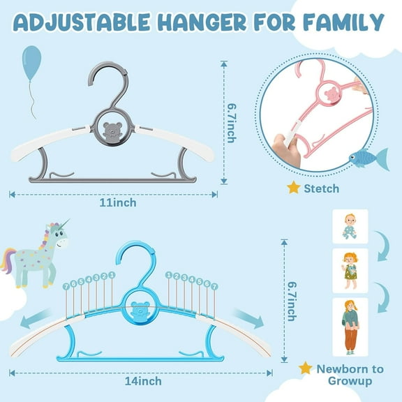 Qihe-30 Pack Kids Hangers for Nursery Closet, Adjustable Non-Slip Toddler Baby Hangers with Windproof Buckle, 11-14" Infant Child Plastic Clothes Pant Hanger for Boys Girls Newborn Adult, Multi