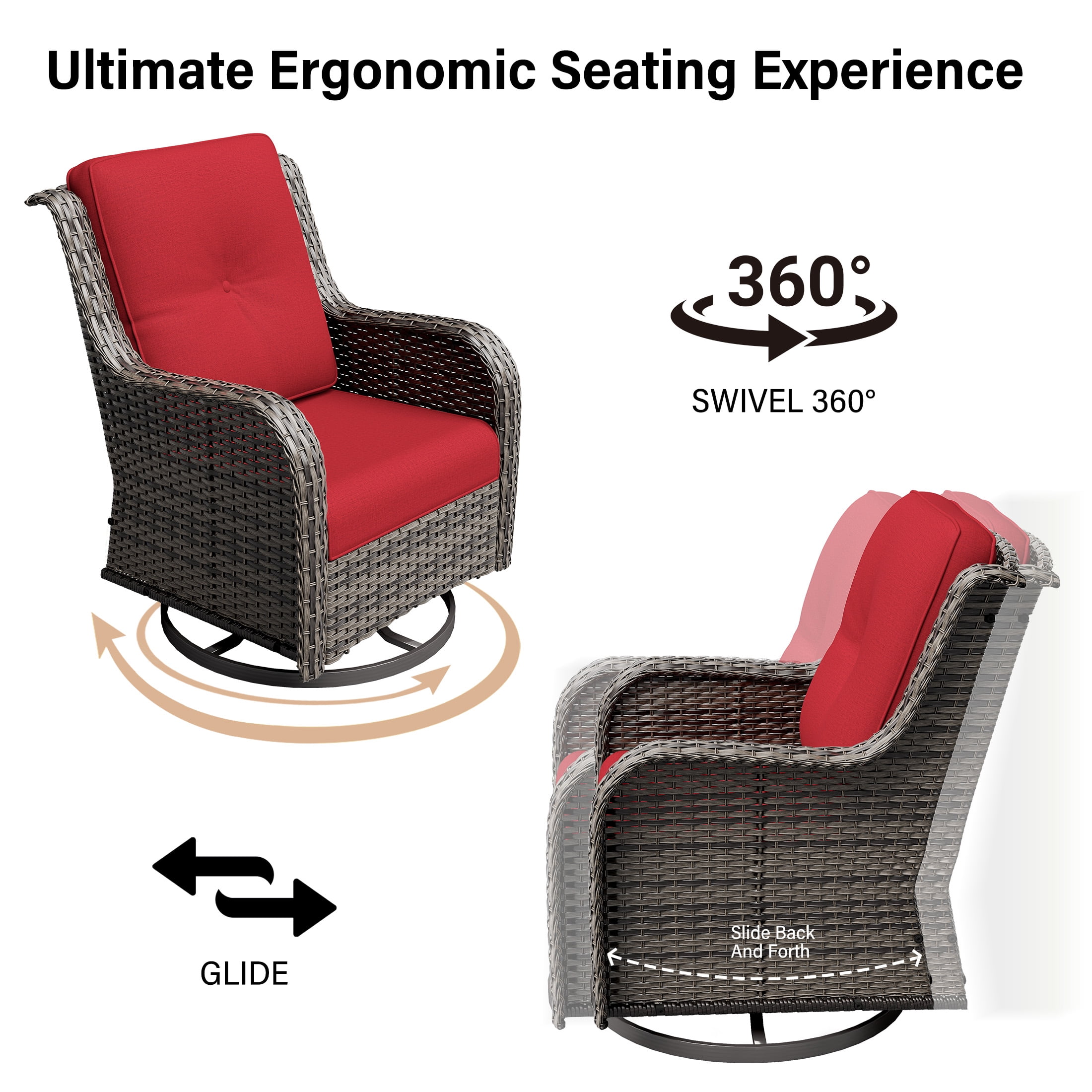 MeetLeisure 3 Piece Wicker Patio Furniture Set with Side Table, Outdoor Swivel Rocker Chairs with High Back, Deep Seating, Wide Armrest, Thick Cushions for Deck Porch, Red