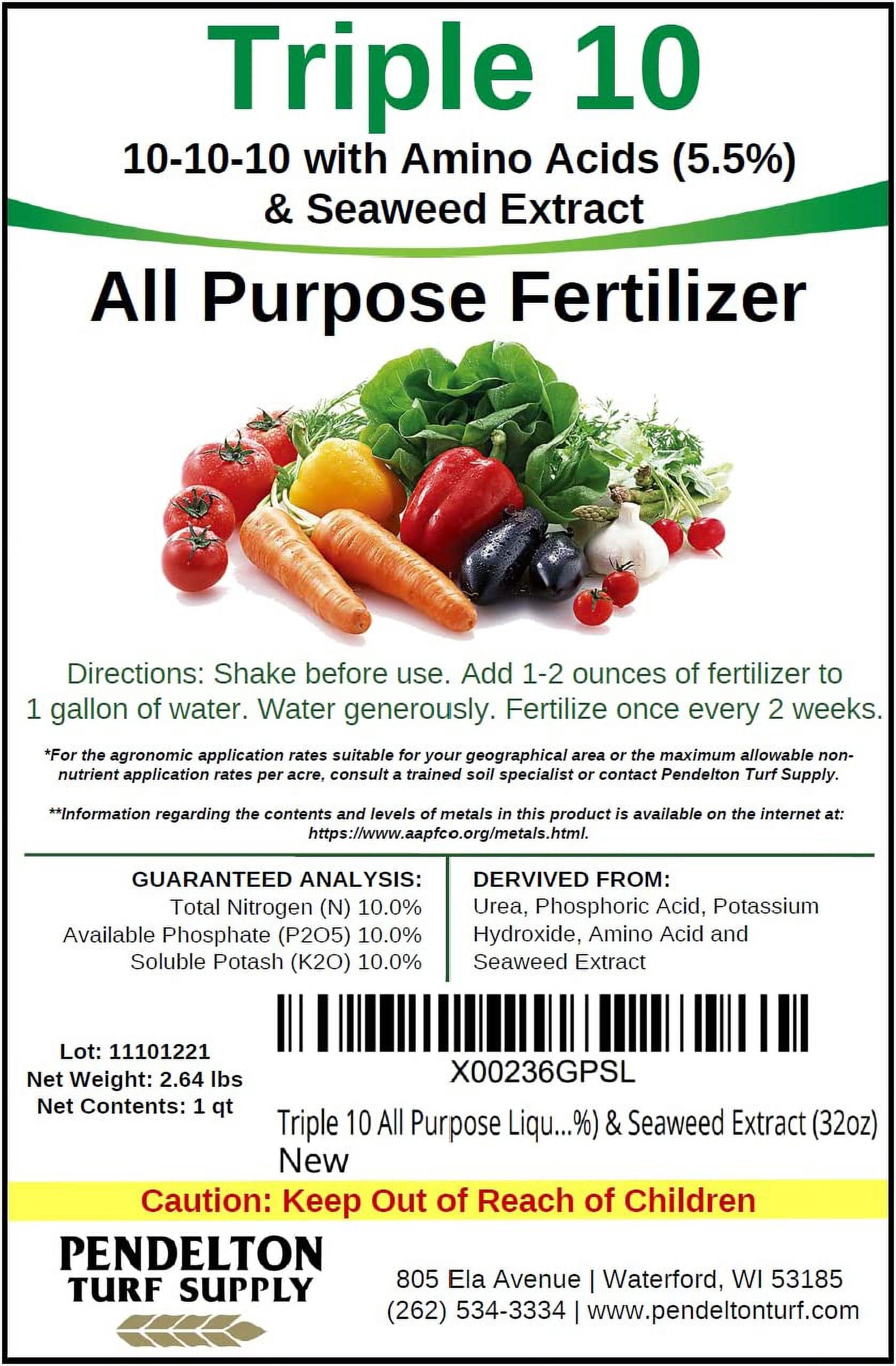 Triple 10 All Purpose Liquid Fertilizer 10-10-10 with Amino Acids (5.5%) & Seaweed Extract (32oz)