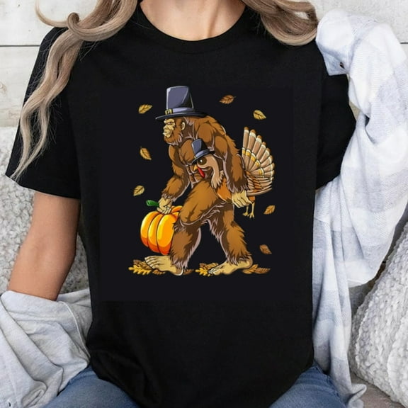 100% Cotton Bigfoot Thanksgiving Turkey Pumpkin Fall Autumn Halloween Funny Novelty T-Shirt