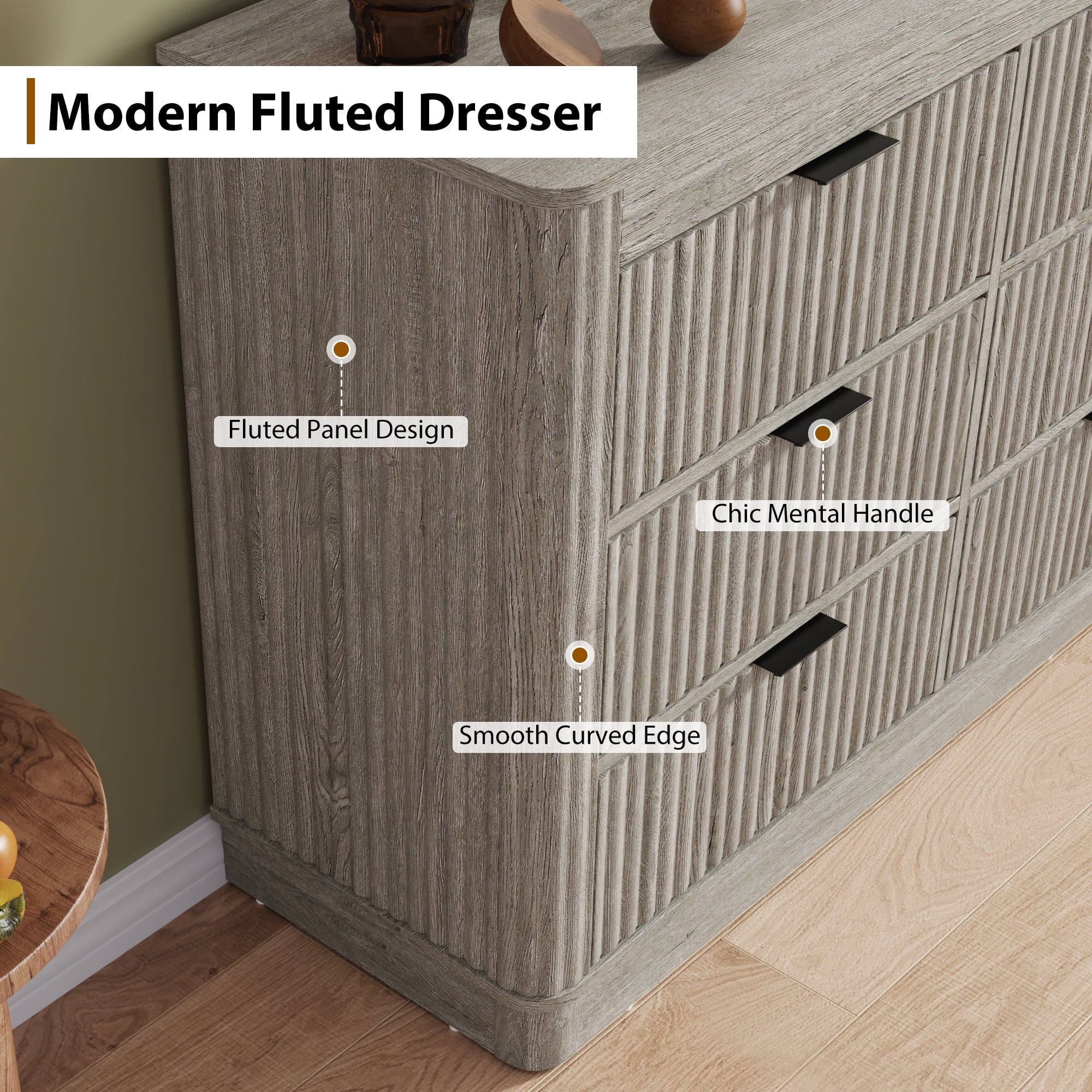 Blotout Fluted 9 Drawers Dresser for Bedroom, 63'' W Chest of Drawers with Power Outlet&Metal Handle, Fluted Fronts, Modern Dresser TV Stand, Wood Clothes Storage Organizer for Living Room, Hallway