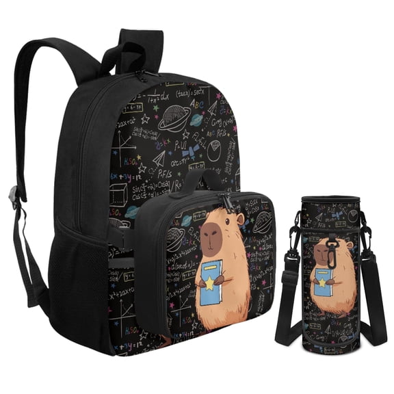 Chririnla Capybara Book Backpack and Lunch Box for Girls Boys Elementary School Bags and Bottle Holder for Kindergarten Primary School Bookbag Set of 3