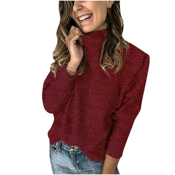 ICHUANYI Women's Long Sleeves Sweaters Turtleneck Plus Size Knit Plush Sweater Tops