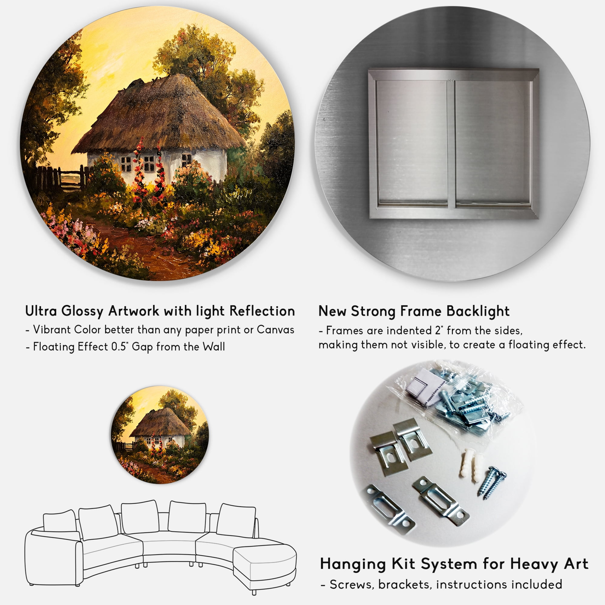 Designart 'Traditional Cottage At Sunset In Autumn Flowers' Traditional Circle Metal Wall Art 36x36 - Disc of 36