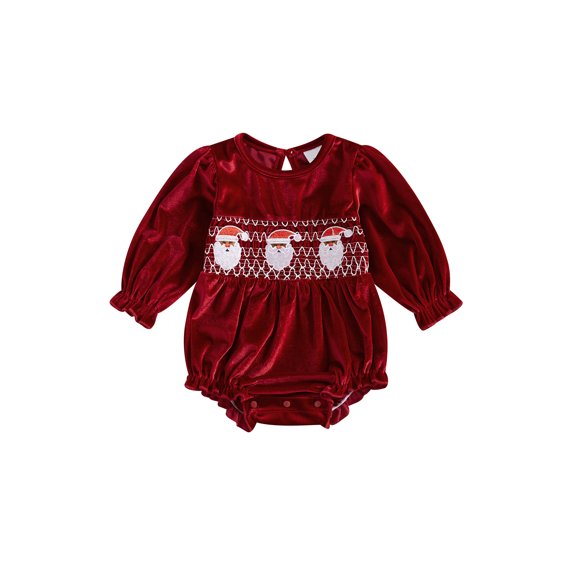 aturustex Infant Baby Girls Christmas Romper 0-18M Newborn Long Sleeve Velvet Bodysuits Crewneck Santa Claus Embroidery Jumpsuit Toddler Little Girl Fashion Cozy Casual Fall Clothes
