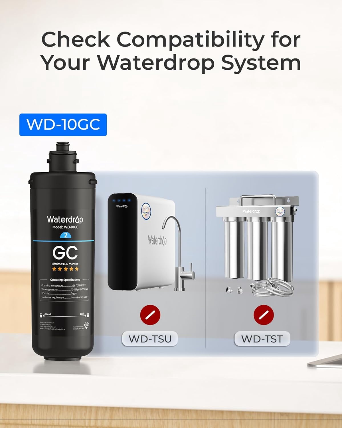 Waterdrop WD-10GC Under Sink Water Filter, Replacement for Waterdrop TSA & TSB & TSB cm 3-Stage Under Sink Water Filter System