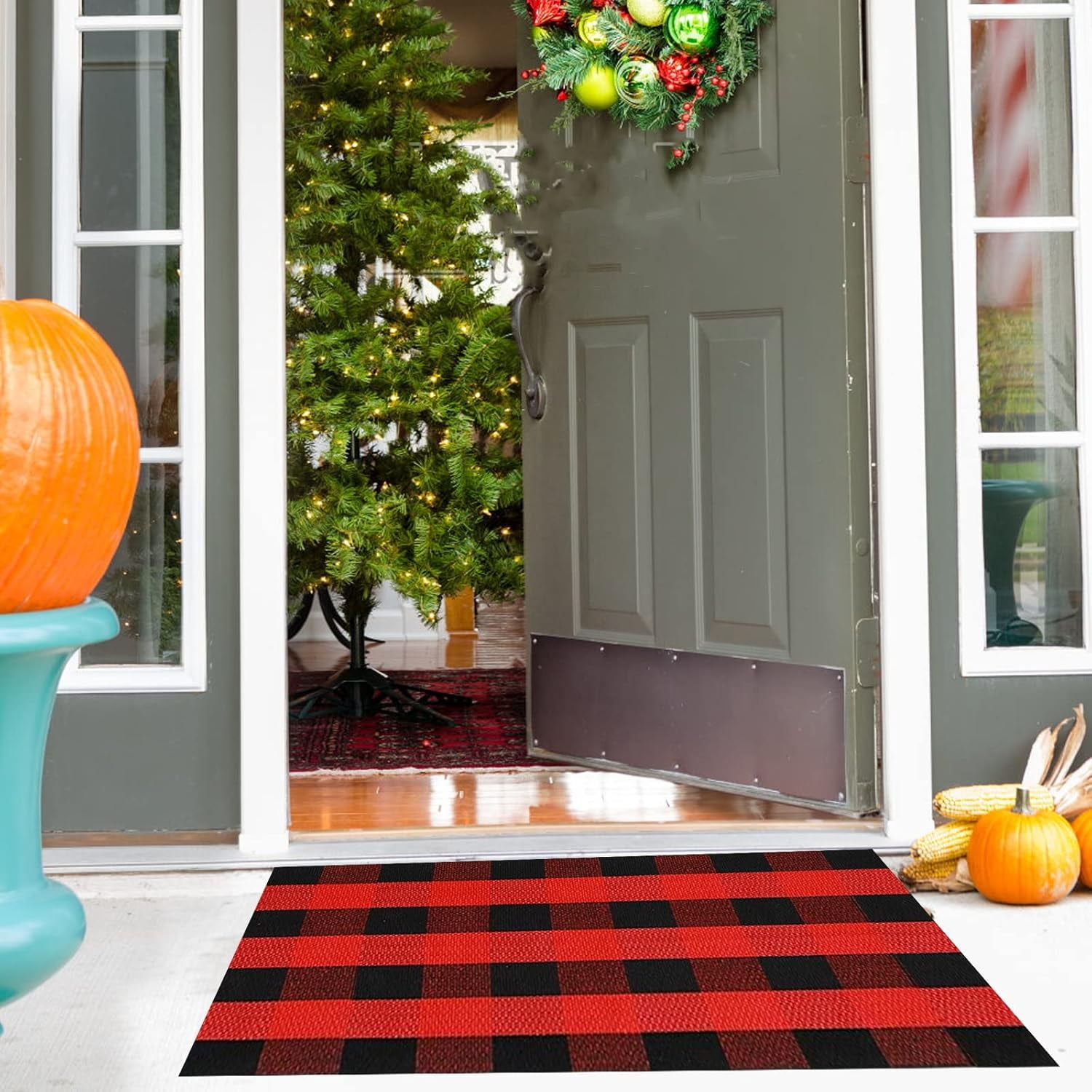 AllWays Plaza Cotton Buffalo Plaid Rug 27.5"x43" Black and Red Checked Rug Washable Doormats Indoor Outdoor Rugs for Layered Front Door Mats, Porch, Kitchen, Farmhouse, Entryway