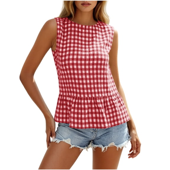 cocolona Womens Summer Trendy Tank Tops Crew Neck Sleeveless Plaid Ruffle Hem Shirts Dressy Casual Blouses