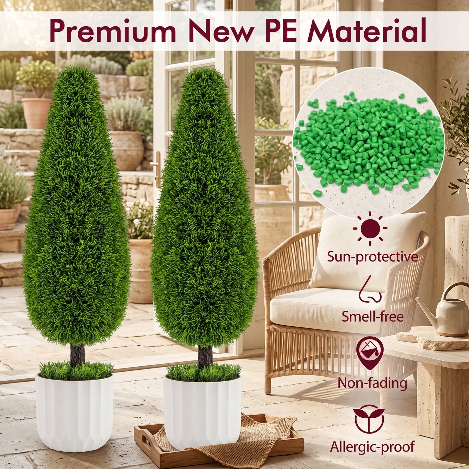 ALPULON 2 Pack 3 Feet Artificial Cedar Topiary Teardrop Shaped Bush Faux Plant with Cement-Filled Nursery Pot for Indoor Outdoor Home Office Doorway Decor, Green