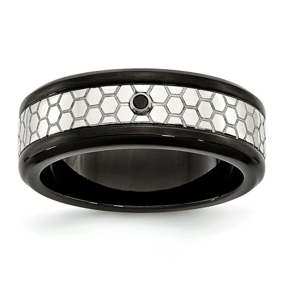 White Stainless Steel Ring Band Wedding Diamond Polished and Brushed Black IP-plated 2pt. 8mm