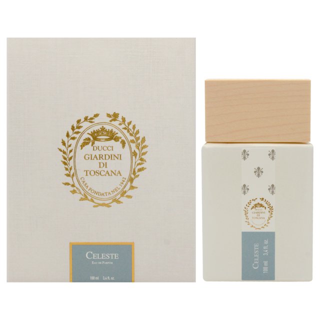 Celeste by Giardini Di Toscana for Unisex - 3.4 oz EDP Spray. A 100 ml eau de parfum bottle with a minimalist white design, adorned with silver floral accents and a wooden cap, placed beside its matching cream-colored box featuring gold embossed branding and a blue label.