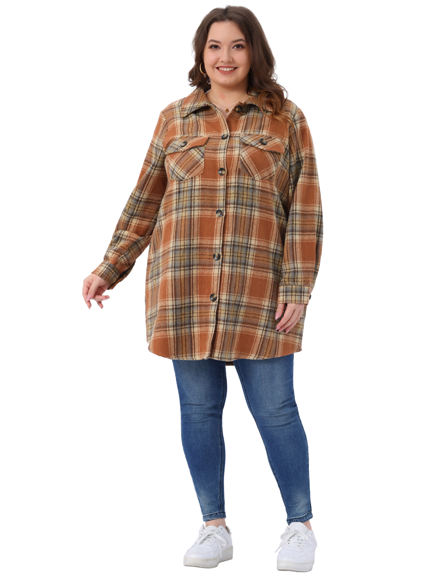 DARING DIVA Plus Size Plaid Shacket Long Sleeve Flannel Fashion Jacket 3X Orange
