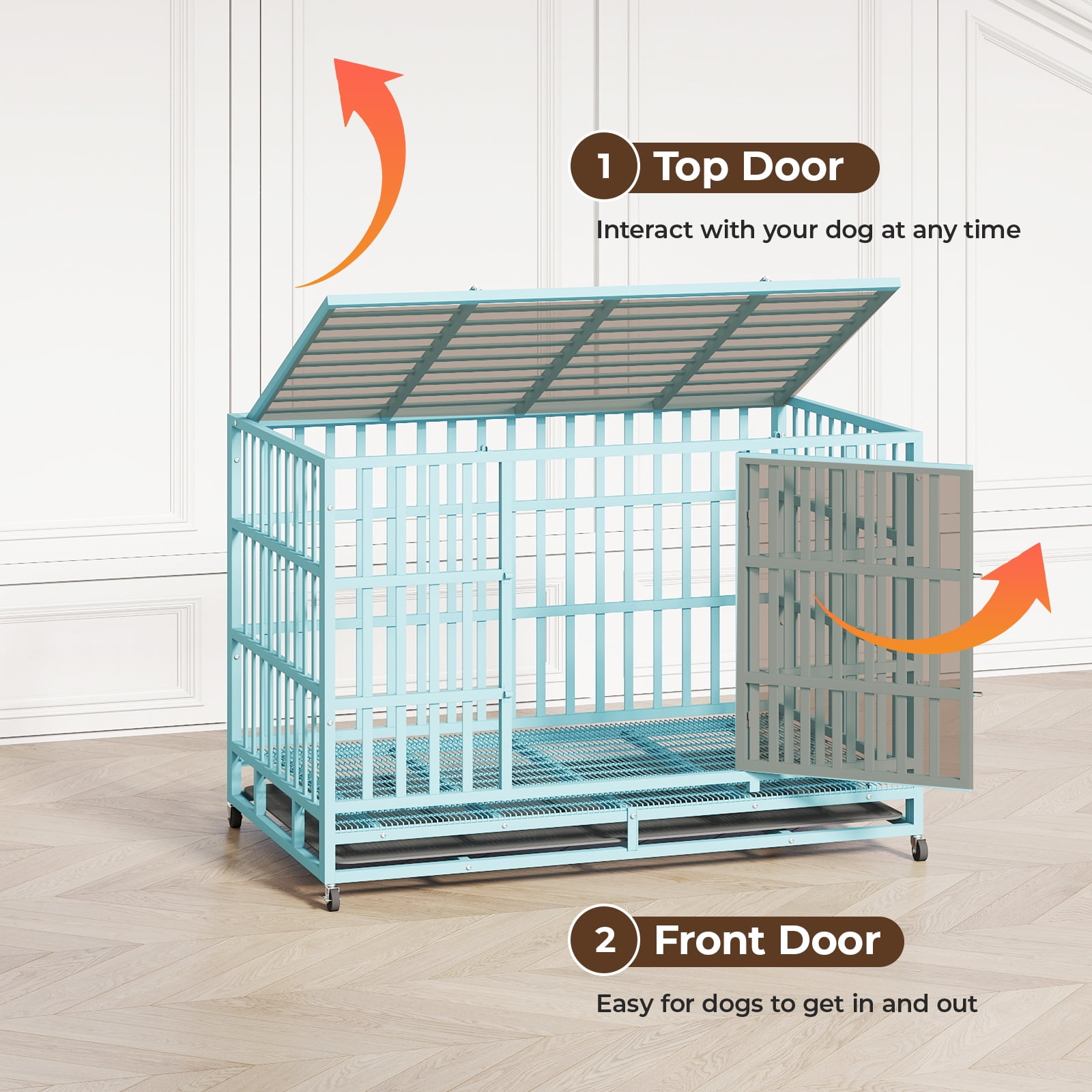 TIME RAY 48" Heavy Duty Dog Crate,Indestructible High Anxiety Dog Crate Cage for Outdoor and Indoor with Removable Tray,Blue