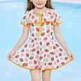 thumbnail image 2 of Robe de Bain à Imprimé Fraises pour Femmes, Manches Courtes, Col Rond, Ensemble Jupe Fendue devant, Jaune, 85 % Polyester, 15 % Élasthanne, 2 of 9