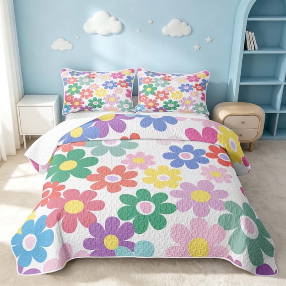 Erosebridal Colorful Floral Twin Quilt Set, Vintage Blossom Twin Coverlet Set, Polka Dots Reversible, Bright Pastel Mix, 2-Piece (1 Bedspread and 1 Pillowcase)