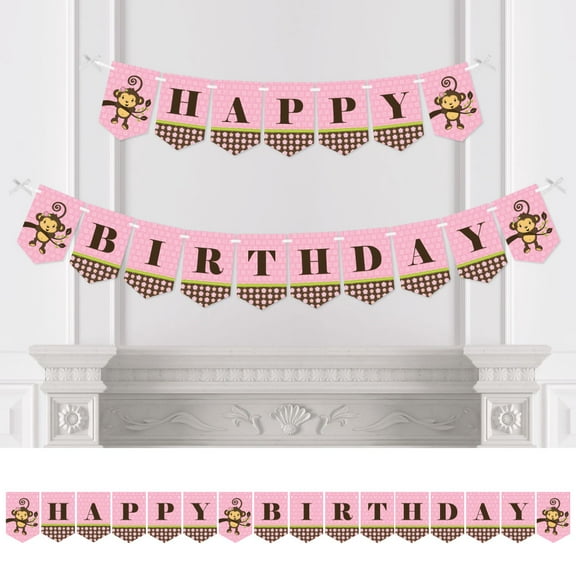 Big Dot of Happiness Pink Monkey Girl - Birthday Party Bunting Banner - Pink Party Decorations - Happy Birthday