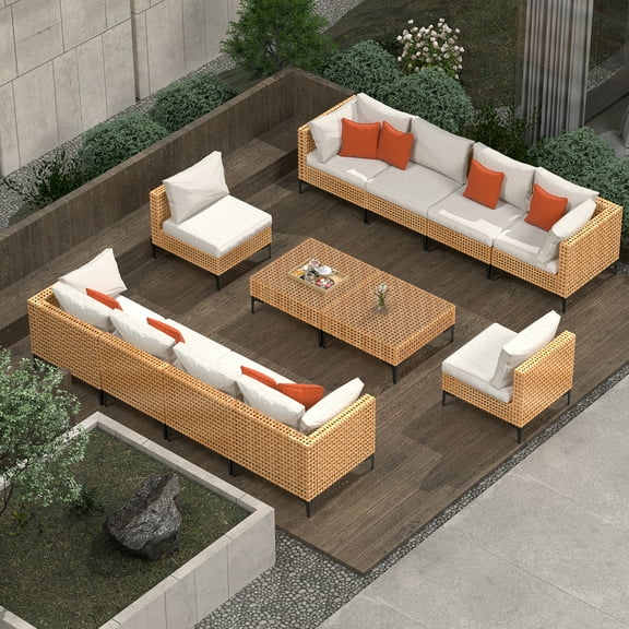 12 Piece Outdoor Patio Furniture Set Modular Outdoor Furniture Set Wicker Outdoor Sectional Sofa with Cushions and Tea Table Patio Set for Balcony Porch Deck (Yellow Wicker, Beige Cushion)