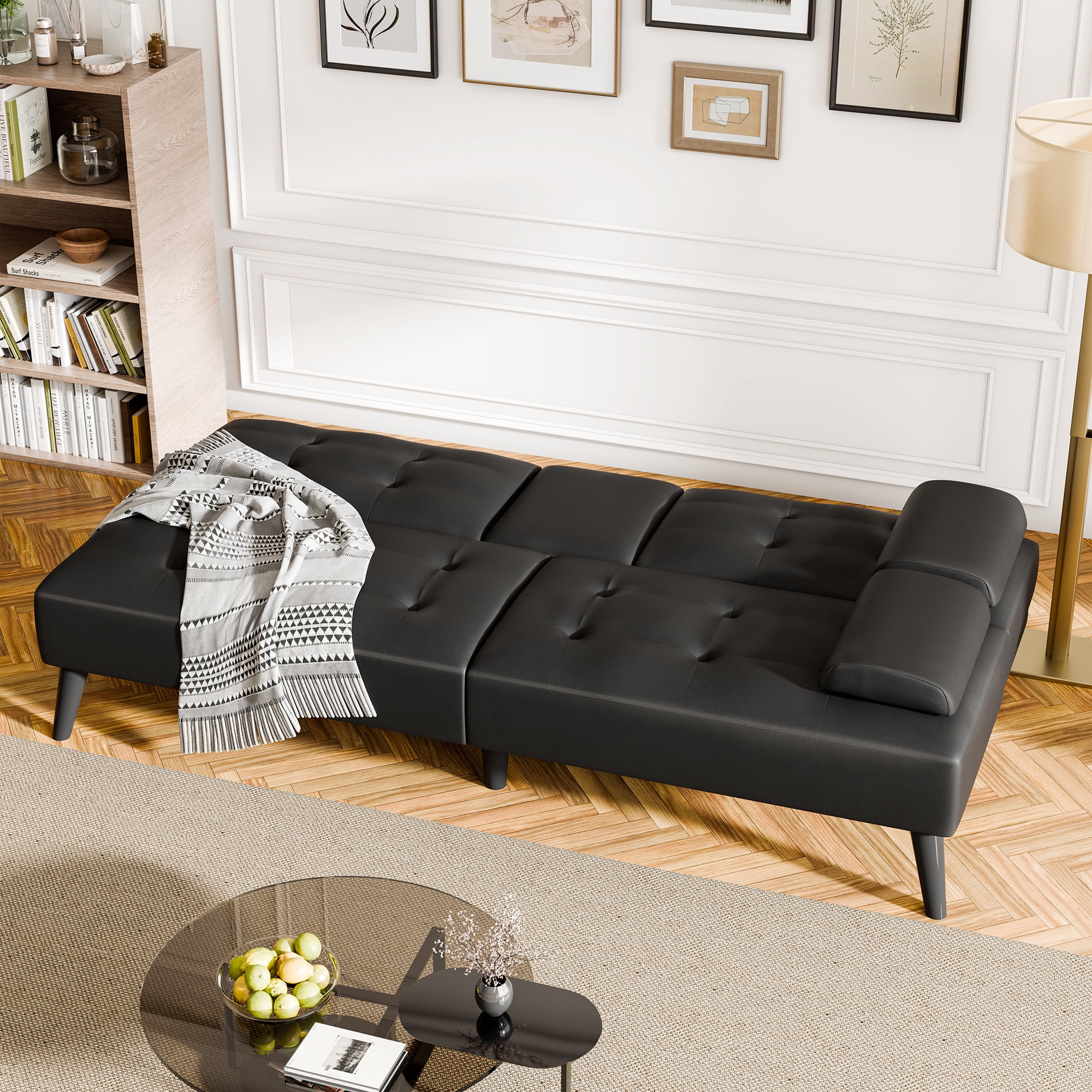 Walsunny Leather Convertible Futon Sofa Bed with 3-Angle Adjustable Split Back, Loveseat Sleeper Sofa Couch for Small Spaces & Guest Rooms, Black