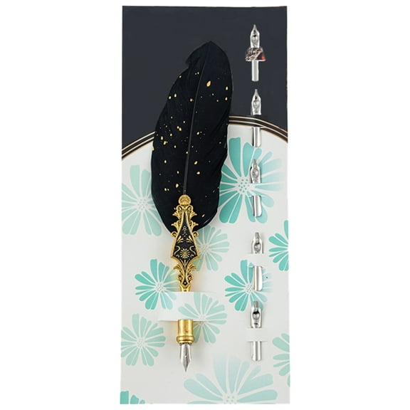 Antique Quill Pen with 5 Replaceable Tips for Writing, Drawing, Wedding Invitation, Feather Calligraphy Pen for Beginner