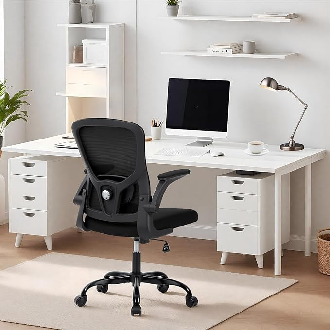 Office Desk Chair with High Back Mesh - Ergonomic Computer Chair for Home, Gaming & Work, Adjustable Height, Flip-Up Armrests & Lumbar Support, Comfy Swivel Seat(Black Net)