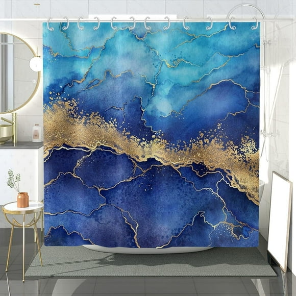 Rideau de Douche en Marbre Bleu Aquarelle Bleu Royal Ombré Fissures d'Or Mixtes Encre Art Peinture Moderne Abstrait Déco de Salle de Bain Tissu Imperméable Lavable à la Machine avec 12 Crochets Rehaussez Votre Bain