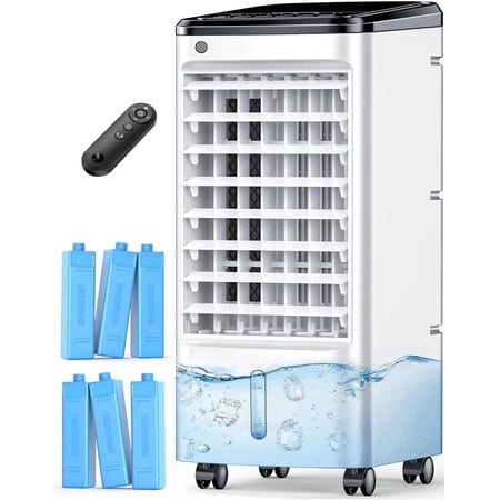 Evaporative Air Cooler, 6Ice Packs, 4Modes&3Speeds, 600Sq.ft Swamp Cooler, Dual Tank for 15H Cooling, 12H Timer, 26Ft Remote, 65°Swing Windowless Portable Air Conditioner for Bedroom Indoor
